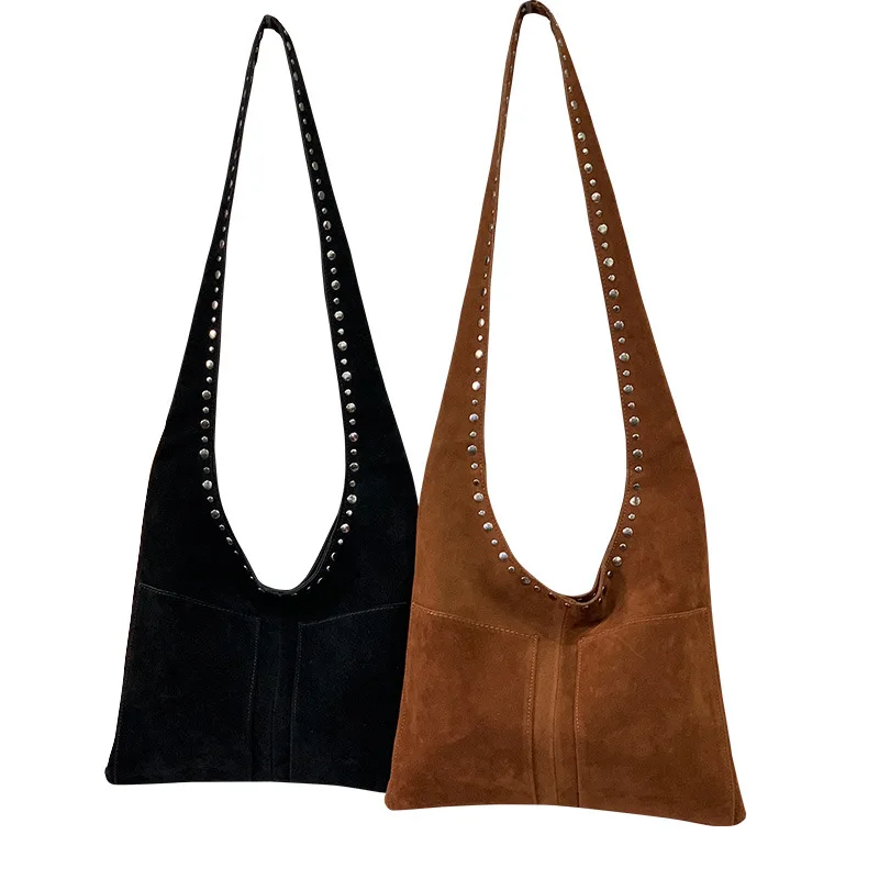 2025 European and American new vintage deerskin velvet rivet bag motorcycle style underarm shoulder bag women handbag
