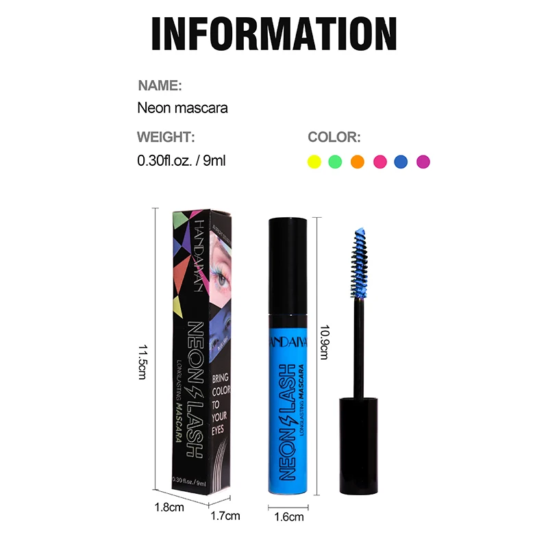 Neon-Mascara, leuchtende Wimpernverlängerung, wasserdicht, langlebig, dick, schnell trocknend, verlängert, Curling, nicht verschmierend, bunte Wimperntusche