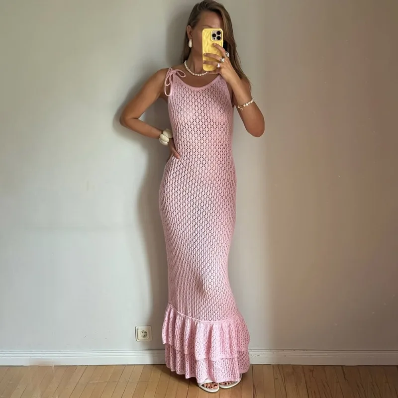 

Tuularose Hollow Out Ruffled Knit Maxi Dress Women Lace-Up High Waist See-Through Slim Backless Dress Elegant Bandage Long Dress