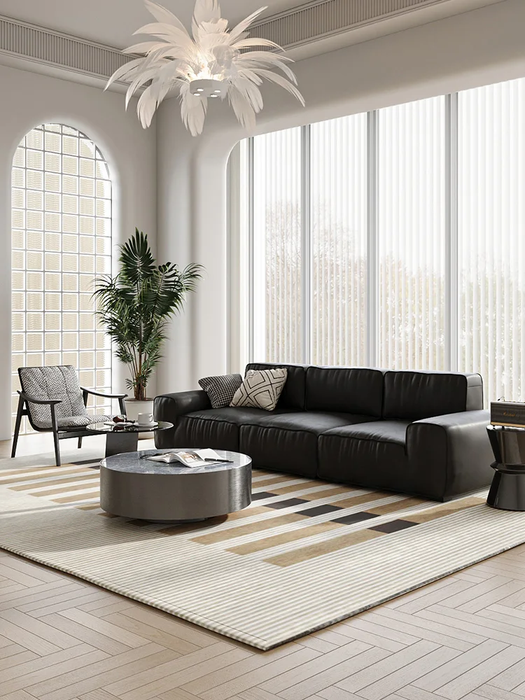 

Italian minimalist size apartment leather sofa Internet celebrity summer map big black cow living room sofa straight top layer