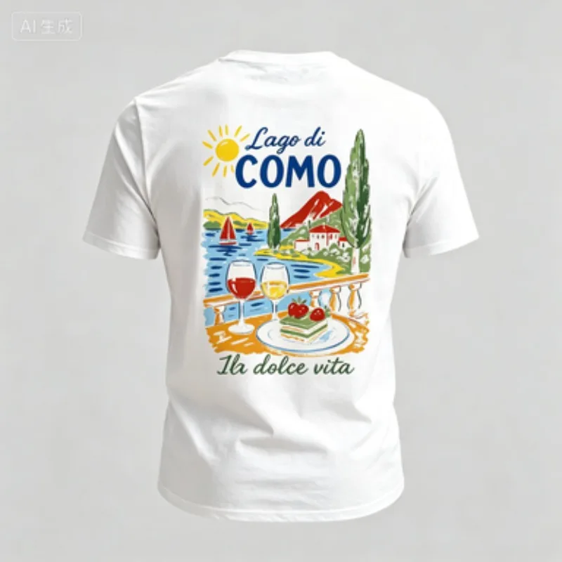 Men  Neck Modal T‑Shirt Lago di Como Italy Scenery Wine Dessert Print Standard Fit Short Sleeve Casual Travel Male Daily Tops