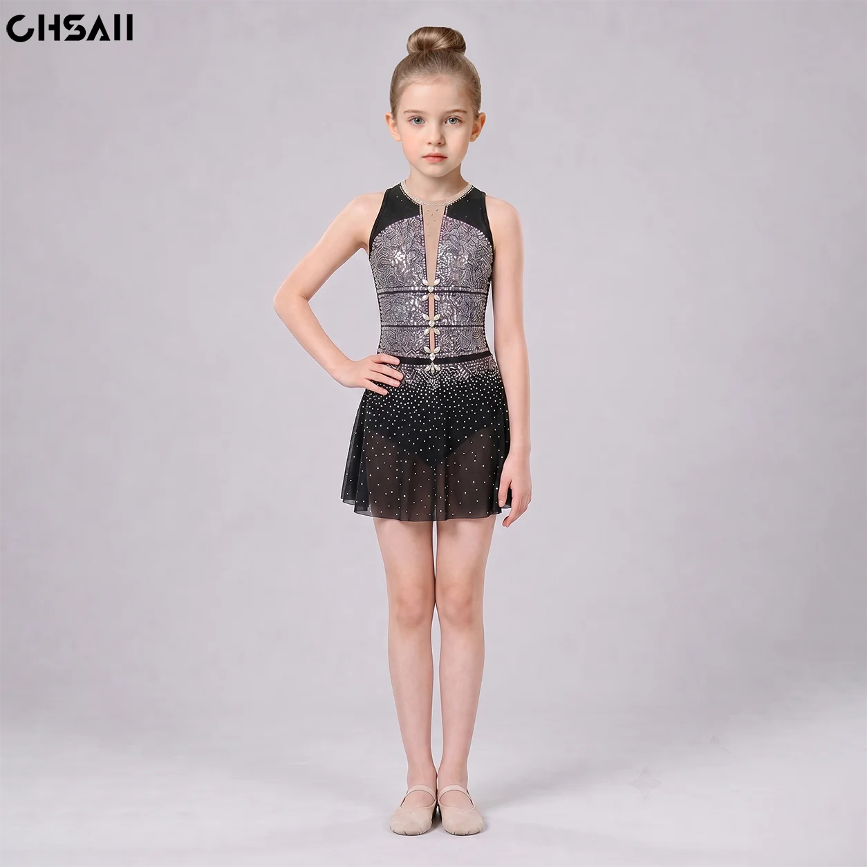 Girls Black Silver Rhinestone Figure Skating Dress Sleeveless Nude Mesh Keyhole Chiffon Skirt Competition Show Dance Costume Set