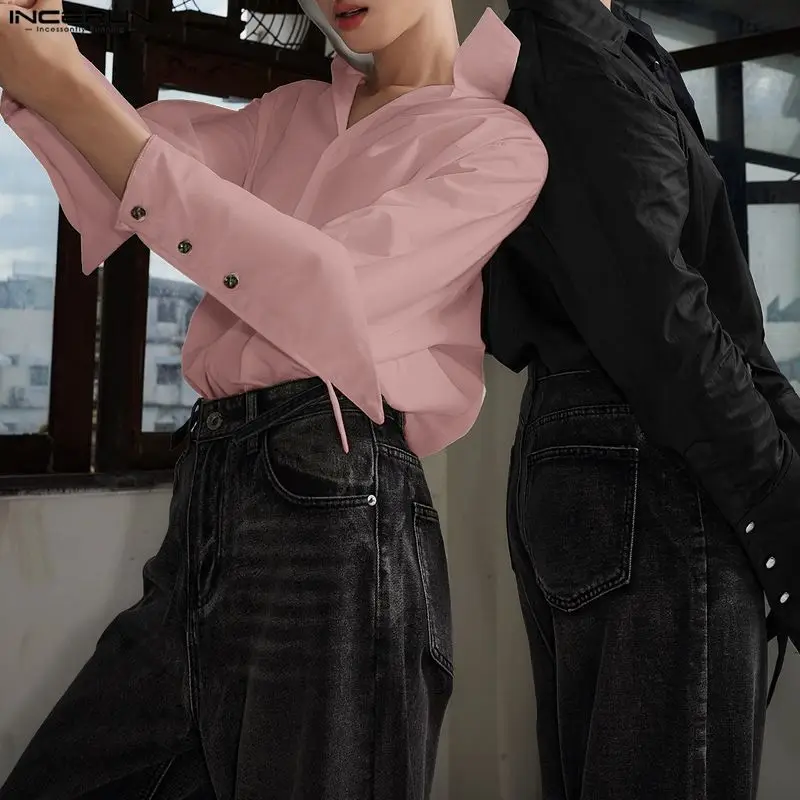 

Мужская рубашка INCERUN, однотонная, с отложным воротником, с длинным рукавом, повседневная, уличная одежда, свободного кроя, весна 2026, модные топы, мужские рубашки, размеры S-5XL