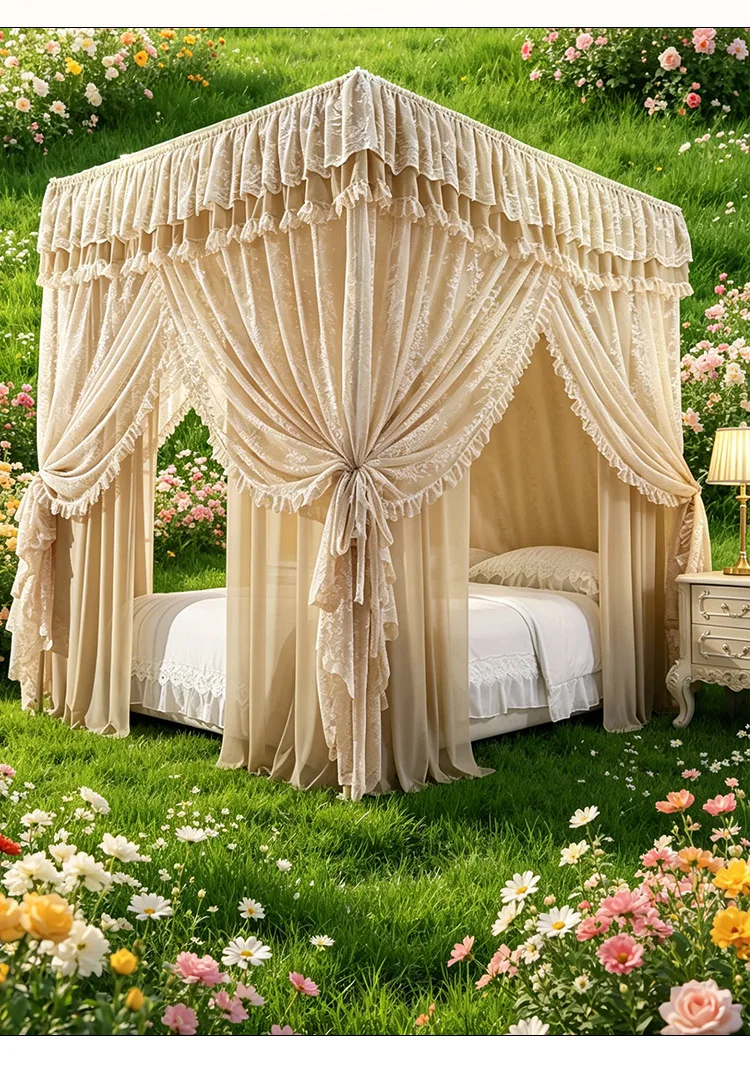 Foure Season Double Layers Palace Mosquito Net with Frame Luxury Jacquard Lace Bed Curtain Tent for Girl Bedroom