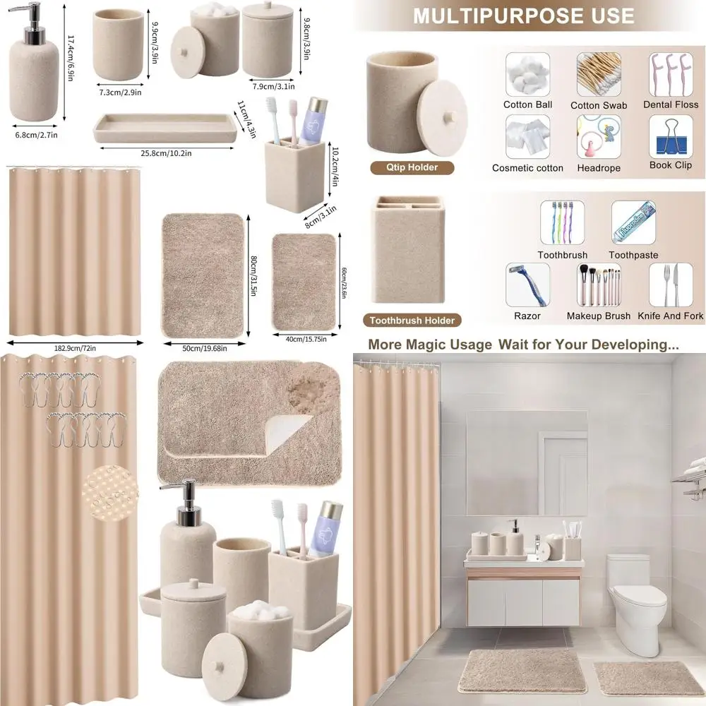 

Complete 21-Piece Bathroom Accessory Set: Waterproof Curtain, Non-Slip Mat, Toothbrush Holder, Soap Dispenser, and More for Home
