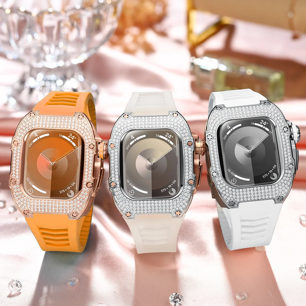 طقم عصري لساعة أبل s9 8 7 41 ملم ملحقات مرصعة بالألماس من التيتانيوم الفاخرة تنطبق على حافظة s6/5/4 SE 40 ملم وسوار أبيض
