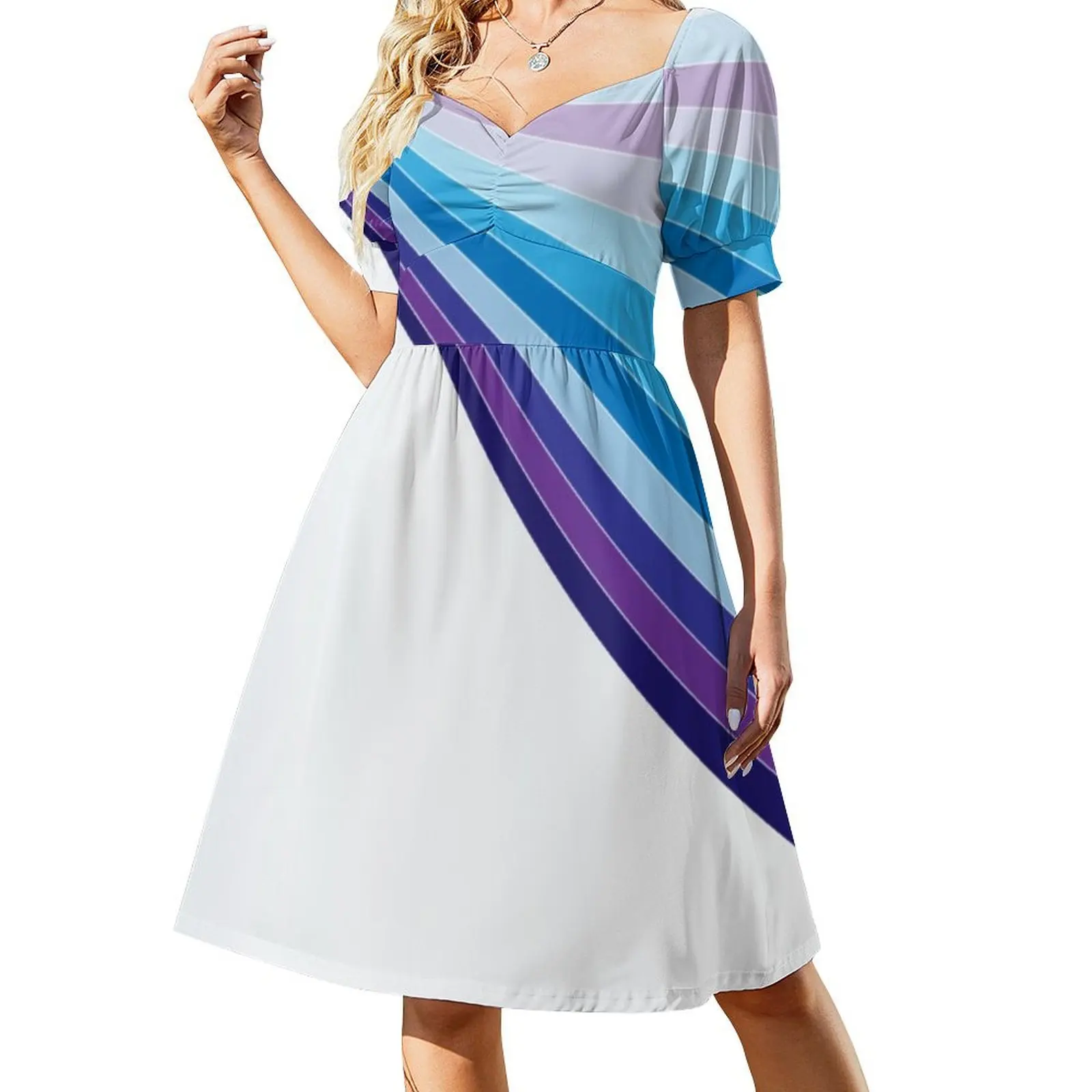 65 MCMLXV White Retro 70s Disco Blue Streaks of Light Pattern Short Sleeved Dress chic and elegant evening dress Dress