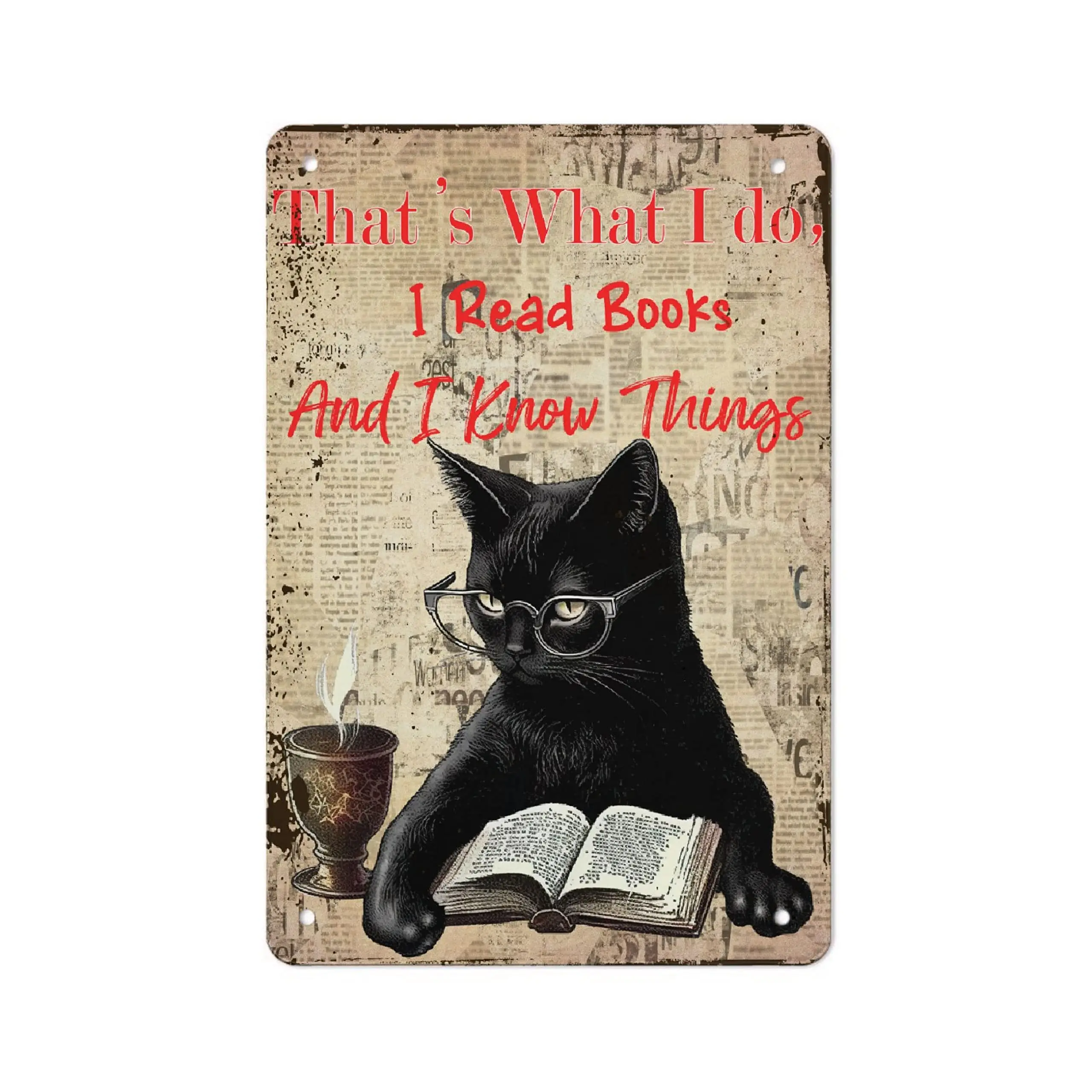 MAUDGALYAYANA Cat And Book Read Books Metal Sign Wall Decor Poster Aluminum Signs for Home Bedroom Kitchen Bar Cafes 12x8inch