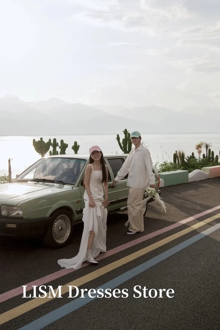 LISM Einfache A-Linie-Hochzeitskleider in Korea für Fotoshootings, weicher Tüll, bodenlang, quadratischer Kragen, Brautkleider ienia Singapur, individuell gestaltete Korsetts