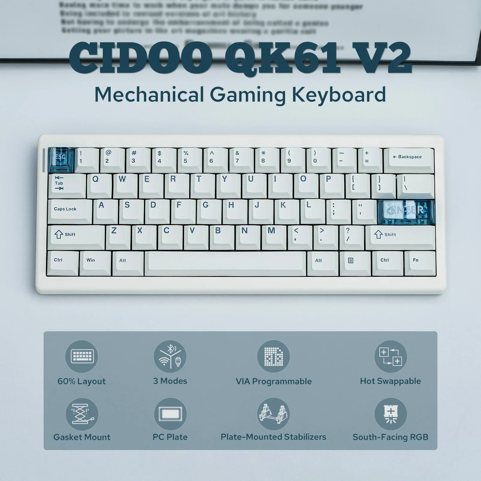 QK61 V2 Keyboard VIA/QMK 67 Keys 3000mAh Gasket Structure Wired/2.4GHz Wireless/Bluetooth RGB PC+pom IXPE South-Facing LEDs