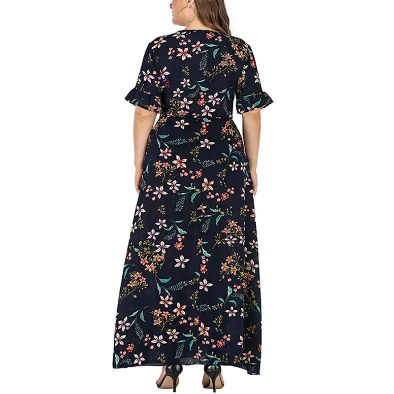 Gaun bermotif renda kerah V wanita, lengan melebar, ikat pinggang modis ukuran plus, kualitas seksi, gaya musim panas baru,