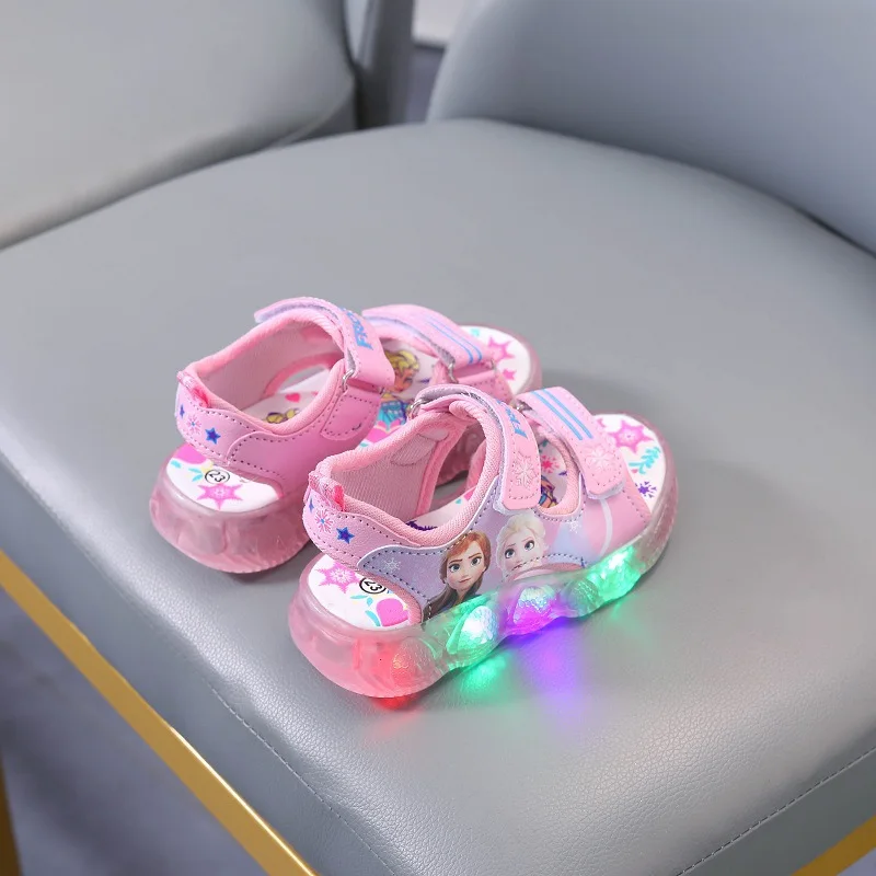 Disney Boys Girls Cartoon Frozen Princess Elsa Led Light Up Luminous Sports Summer Kids Sandals Non-slip Toddler Shoes Size 21-3