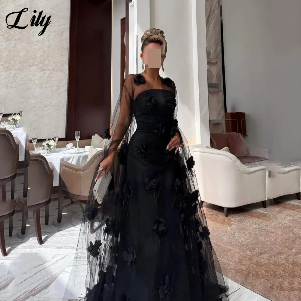 

Lily Black Chic Evening Dresses Strapless Prom Dresses Satin Party Formal Gown with 3D Floral Tulle Cape robe de bal Customized