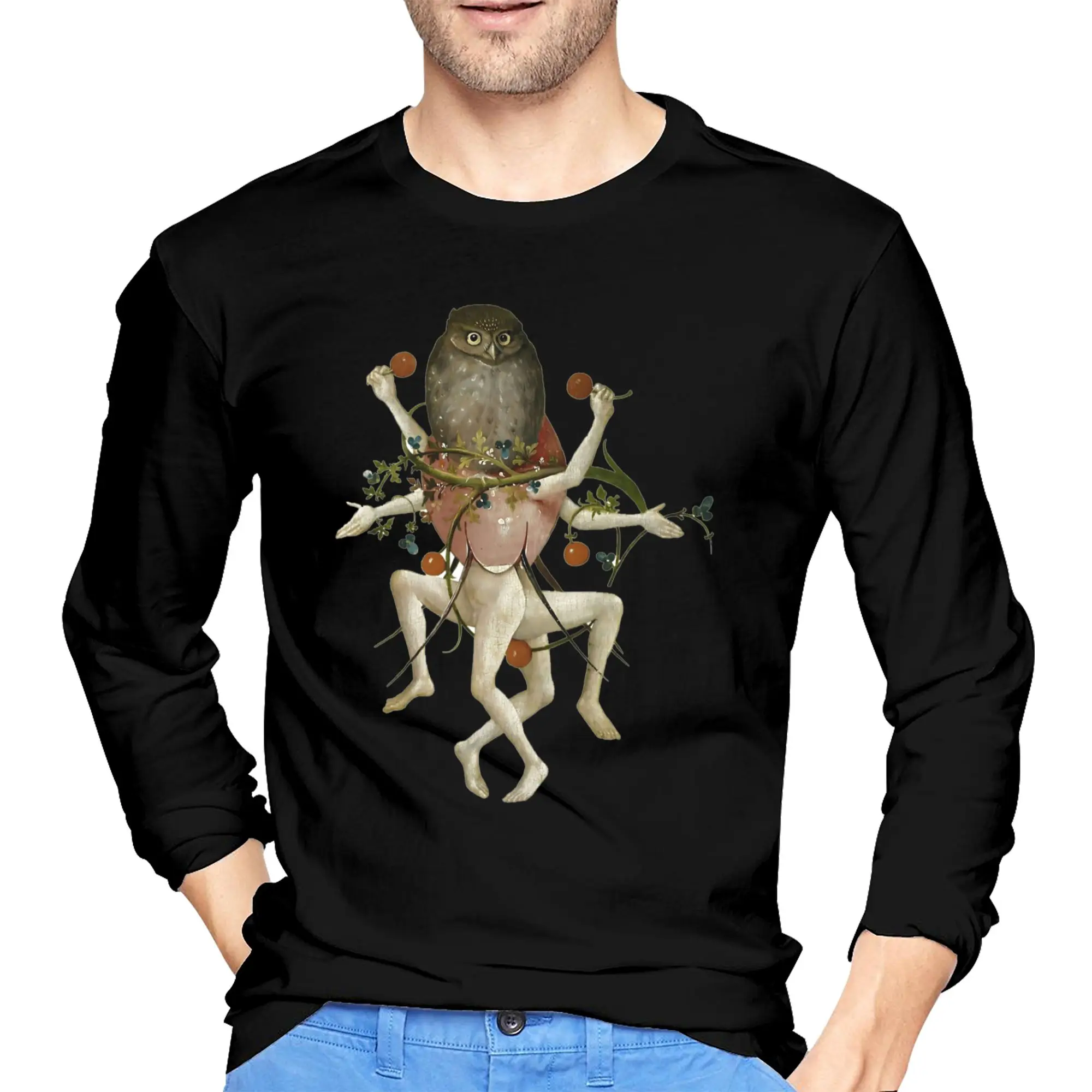 

Hieronymus Bosch Dancing Owl Men's Long Sleeved T-shirt Casual Round Neck T shirts Spring and Autumn Men tops