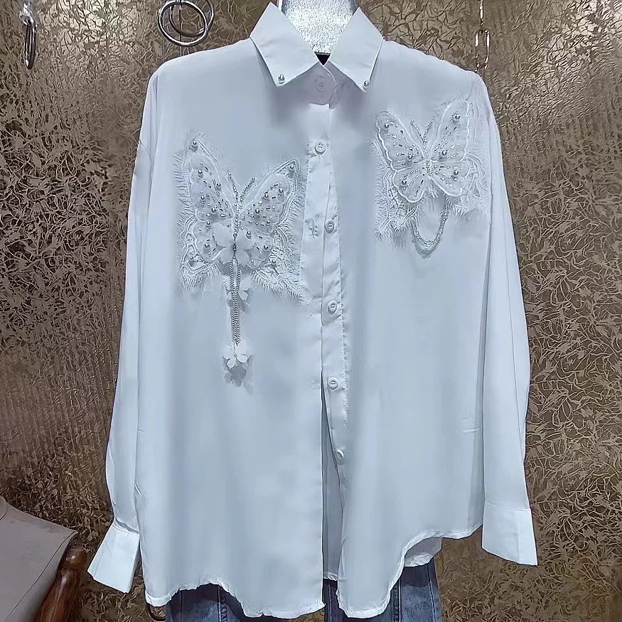 Luxury Style Beaded Butterfly Tassel Stitch White Shirts & Blouses For Women 2024 Autumn Trend  Long Sleeve Camisas Tops Blusas