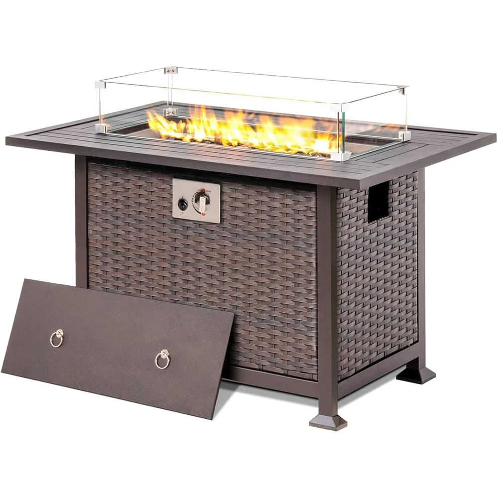 

Propane Gas Fire Pit Table, 50000 BTU Auto-Ignition Rattan Outdoor Fire Pits Table for Outside Patio with Tabletop, Glass Wind