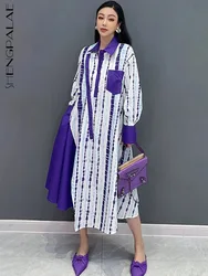 SHENGPALAE 2024 Summer New Fashion Loose Long Sleeved Shirt Dress For Women Color Block Korean Chic Female Dresses Robe  5C1071