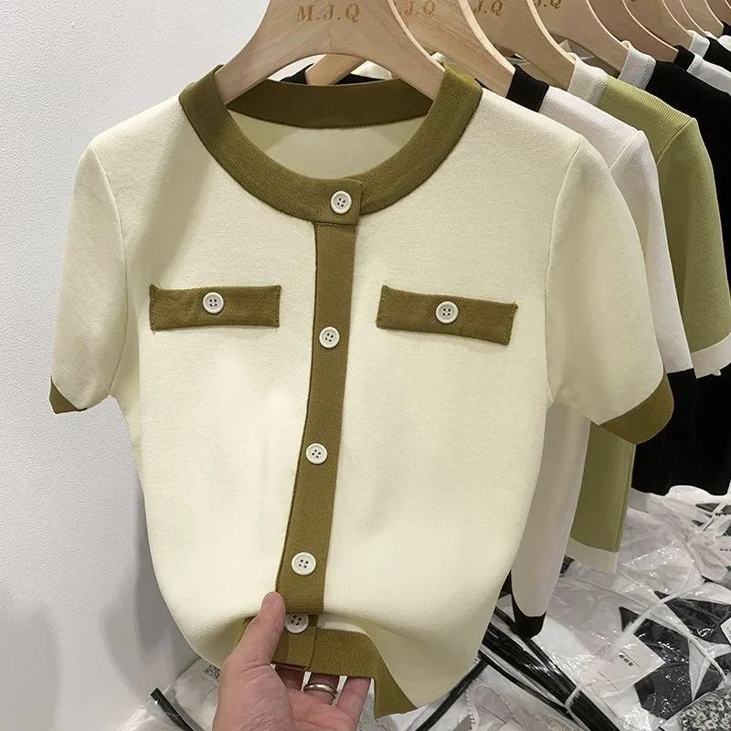 Tops T-shirt Women's Summer Loose Fit Flattering Contrasting Colours Round Neck Short Sleeves Buttons Rayon Knit New Comfortable
