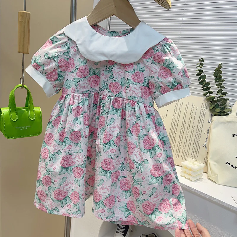 2024Girls Summer Mother and Daughter Dress Petal Collar Floral Parent-Child Short Sleeve Fashionable Princess Dress