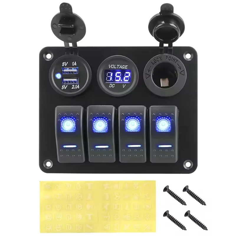 Super Sale 4 Gang LED Rocker Switch Panel with 12V/24V DC Dual USB Digital Voltmeter Circuit Breaker Interior Accessories
