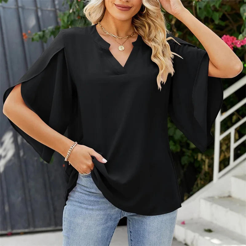 Women Summer Style Chiffon Blouses Shirts Lady Casual Short Flare Sleeve V-Neck Loose Blouse Tops