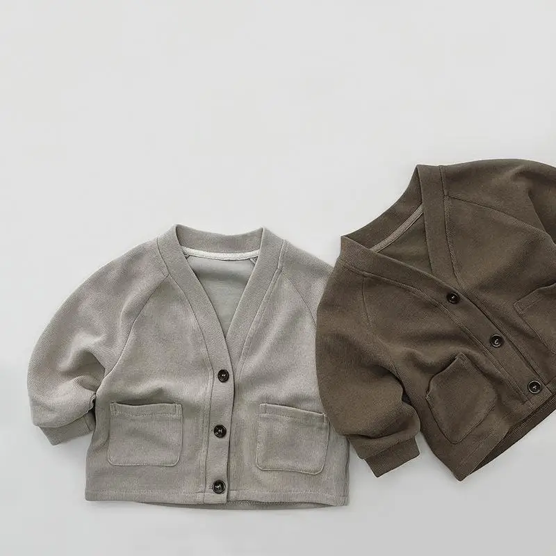 2025 Autumn New Children Long Sleeve Lapel Coat Boys Girls Vintage Cardigan Solid Kids Pocket Jacket Fashion Baby Clothes