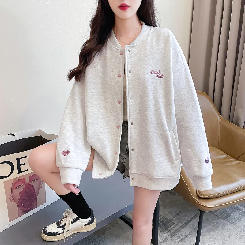 

Buttoned Letter Embroidered Sweatshirt for Women, Spring and Autumn 2025 Hot New Loose Cardigan, Lazy Style Baseball Jacket