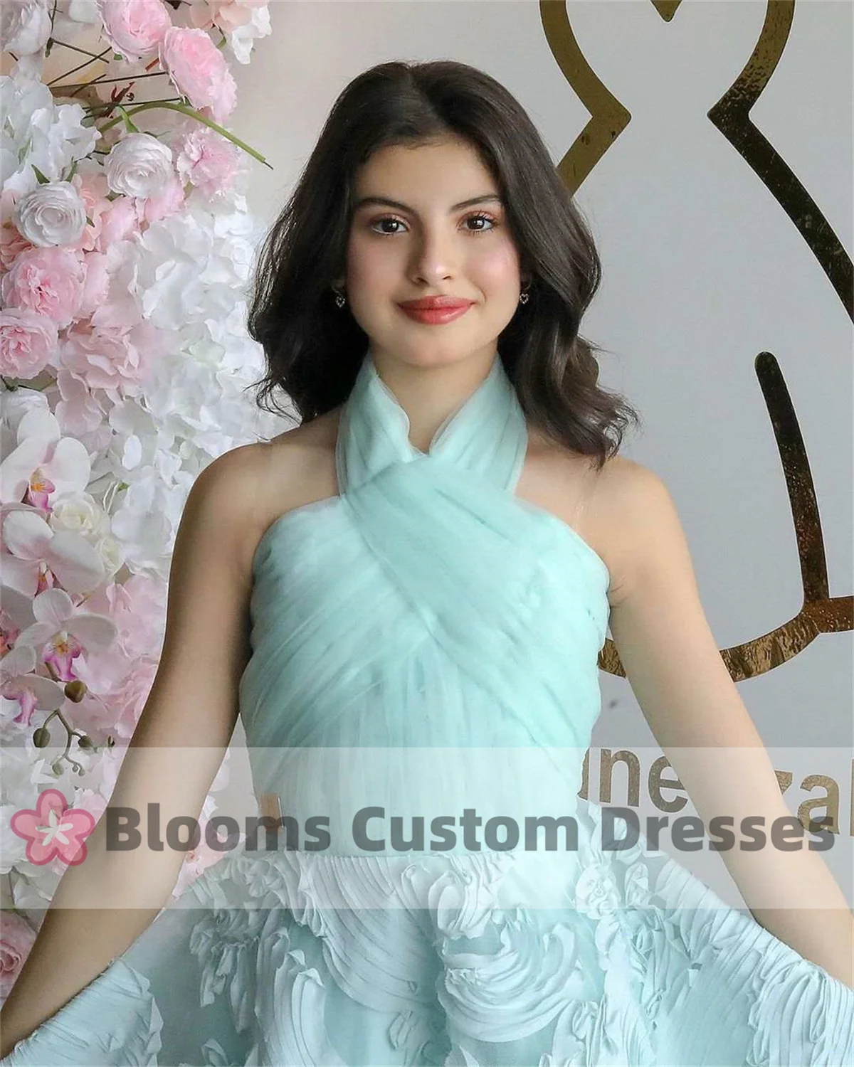 Blooms Sweet Mint Green Lace A-Line Customized Prom Dress For Birthday Pleated Halter Evening Dress Party Gown Short Dress