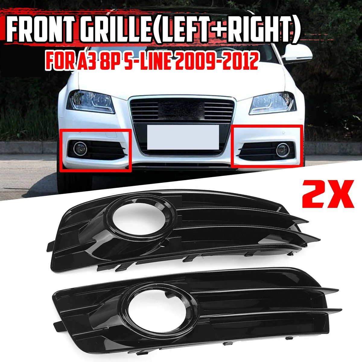 Black Car Front Bumper Fog Light Mesh Grille for A3 8P 2009-2012 Fog Lamp Grille Covers 8P0807681 8P0807681