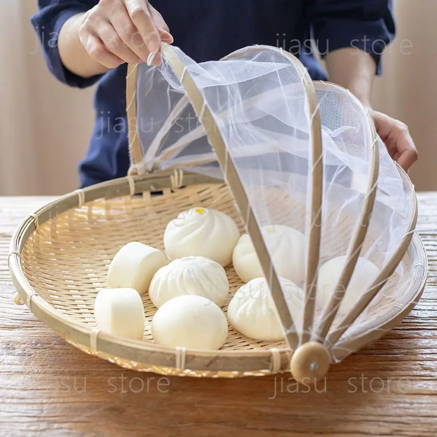 Anti Insect Bamboo Basket With Gauze Cover Household Food Sun Drying Handmade Basket