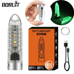 BORUiT V1 Small EDC Flashlight Keychain Portable Mini Work LED Torch Type-C Rechargeable Lamp UV Flashlight Camping Lantern