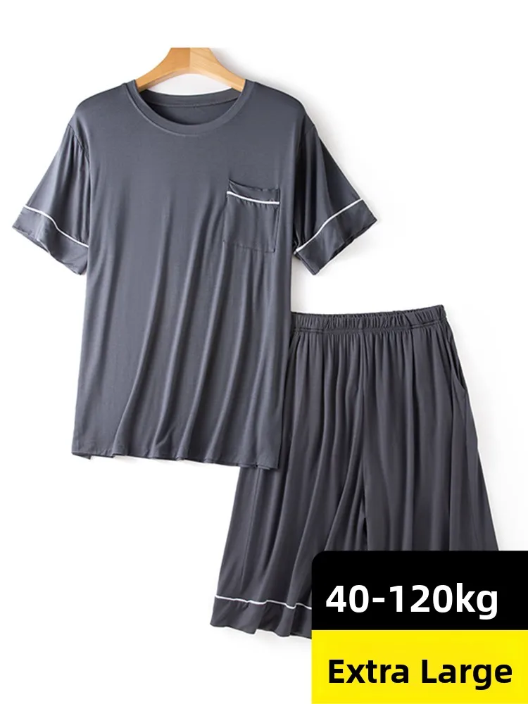 

Men's Modal Cotton Sleepwear Loose Fit Summer Lightweight Short Sleeve Shorts round Neck Pocket Home Comfortable Sleep Suit