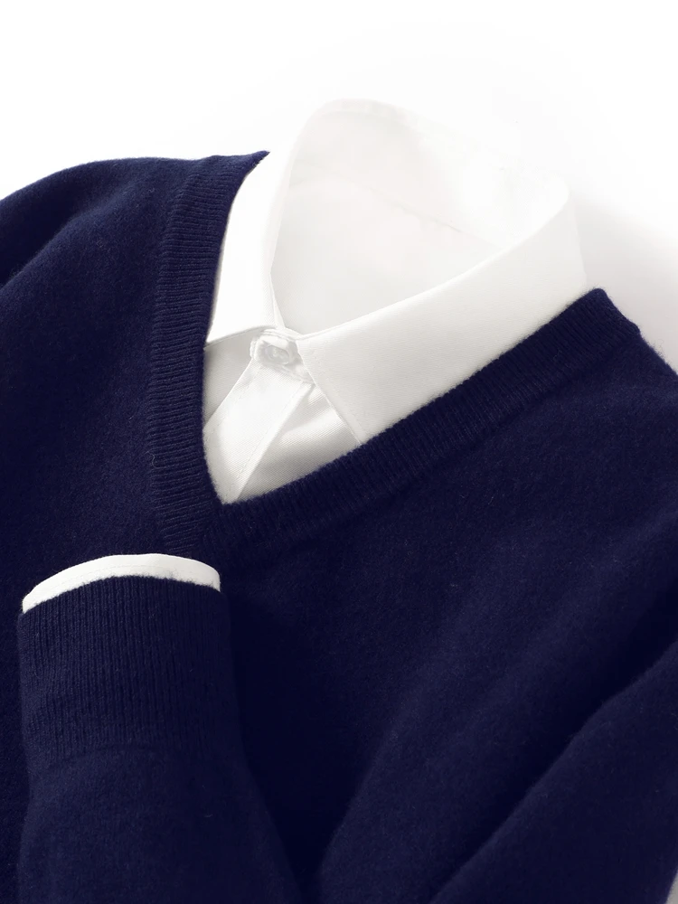 2025 Autumn Winter Men Wool Sweater Simple Comfort Pullover V-neck Long Sleeve Casual Jumper Pure Wool Knit Shirt