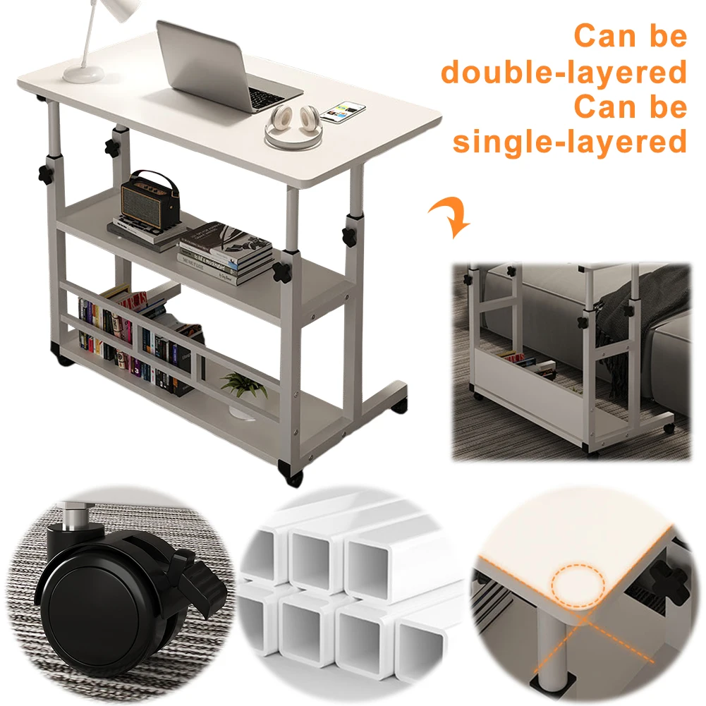 롤링 휠 장착 조절식 침대 옆 노트북 책상, 모바일 노트북 스탠딩 책상, 다층 보관, 높이 조절식 노트북 책상 