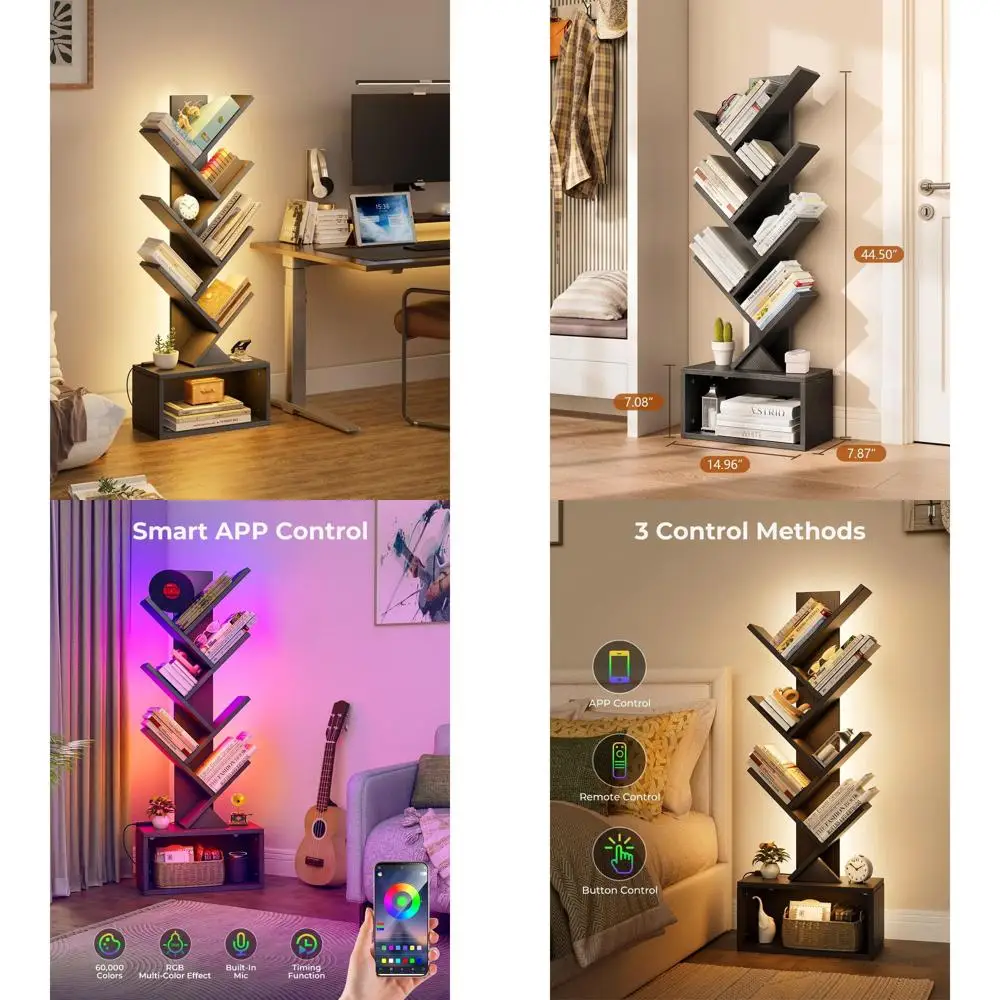 

Illuminated 6-Tier Book Tree with Storage, Floor Standing LED Bookcase for Home and Office, Black