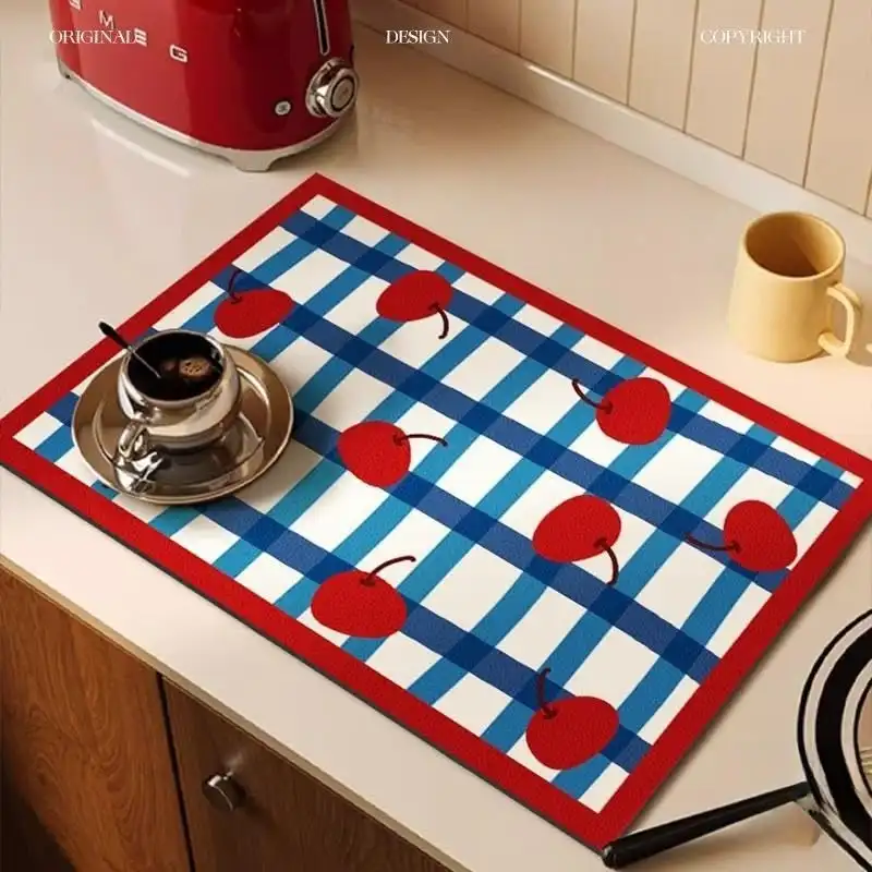 Dish Drying Liner Retro French Country Theme Fruits Pattern Blue White Checkered Squares Non Slip Salon Pad For Bar Table