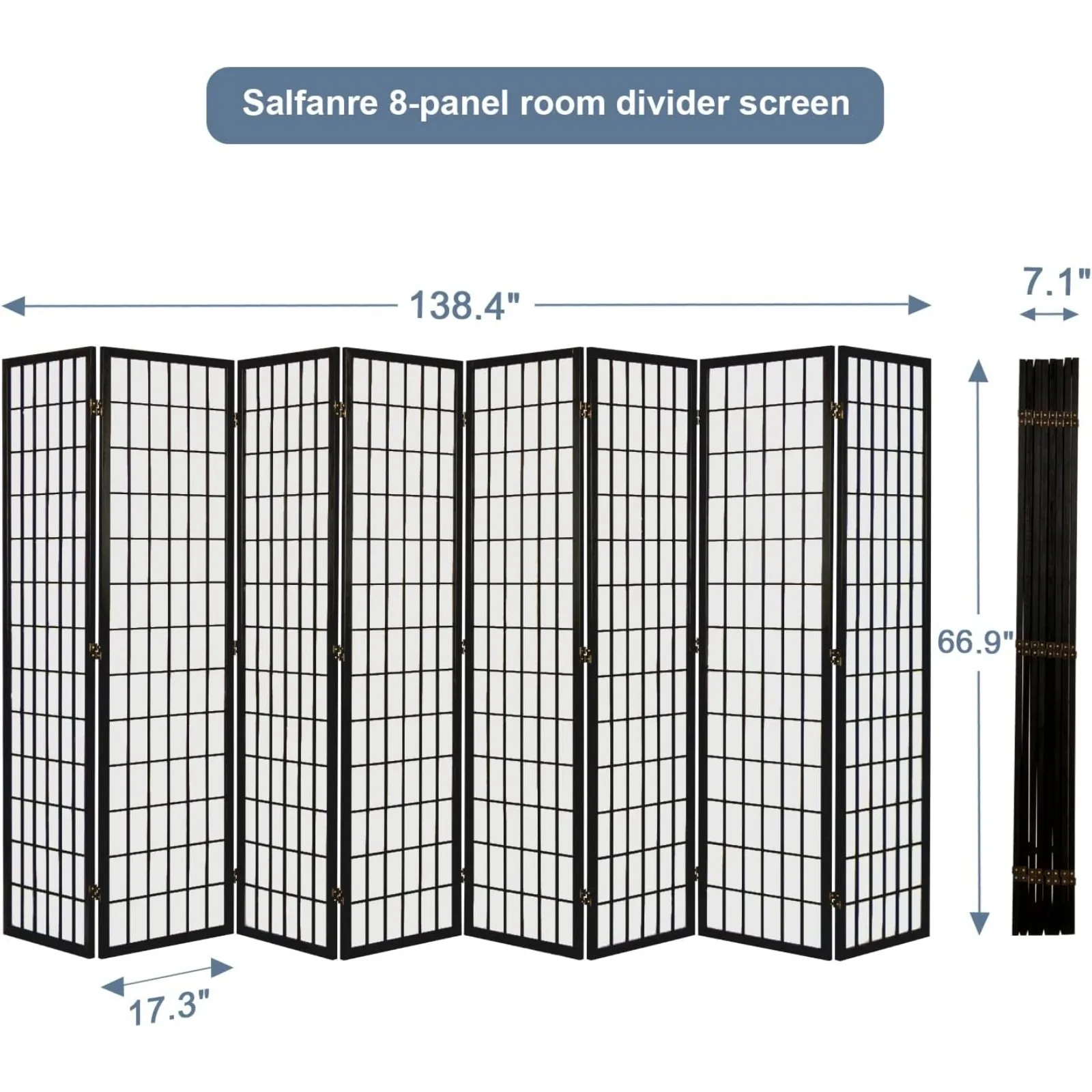 US 8 Panel Room Divider, Japanese Room Divider, Shoji Screen Room Divider, Folding Screen, Japanese Style, 5.6 Ft, Black