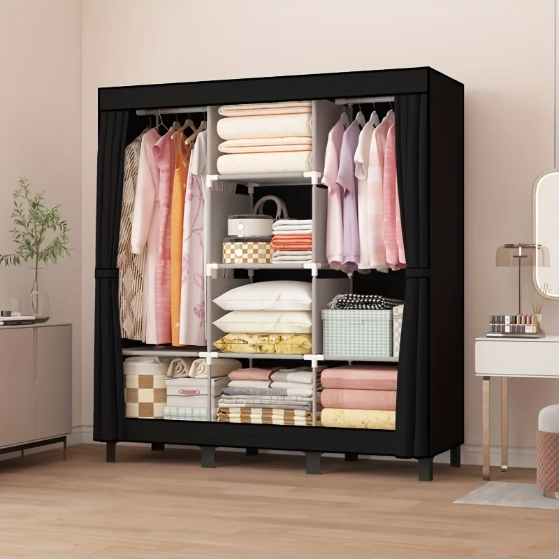 

OUMYJIA Simple Black Fabric Wardrobe, Metal & Plastic Bedroom Closet, Sturdy Steel Frame, Multi-Layer Storage Organizer.