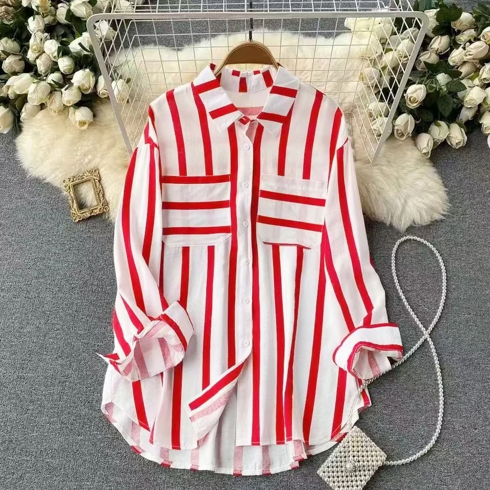 Autumn Women Thin Casual Long Sleeve Shirt Stripe Front Short Back Long Irregular Loose Shirt Korean Office Lady Sweet Chic Top