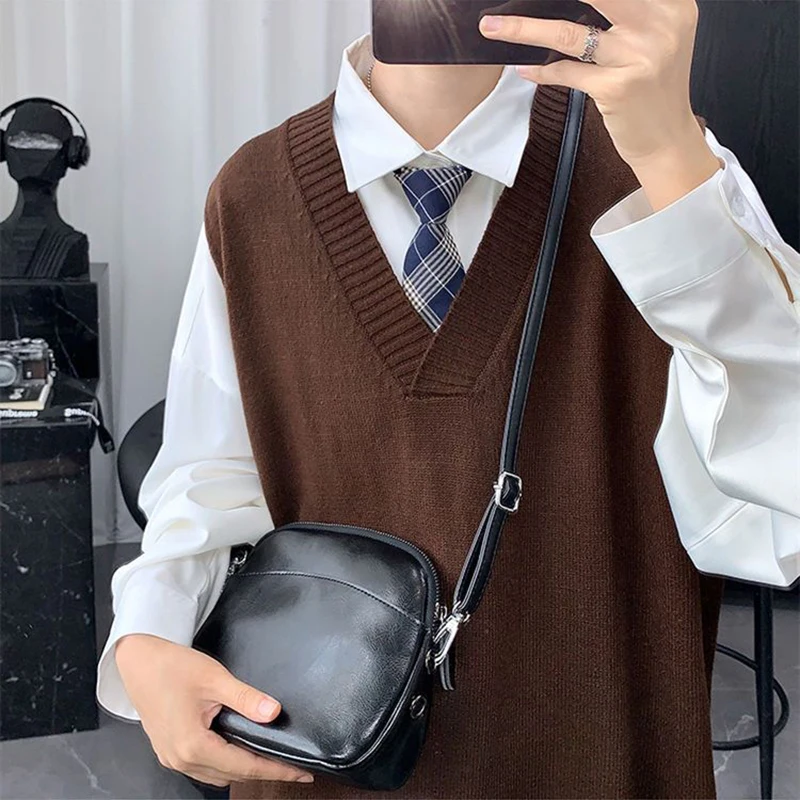 Vintage outono inverno homens v pescoço camisola colete de malha harajuku casual oversized alta qualidade combinando pulôver sólida escola topo