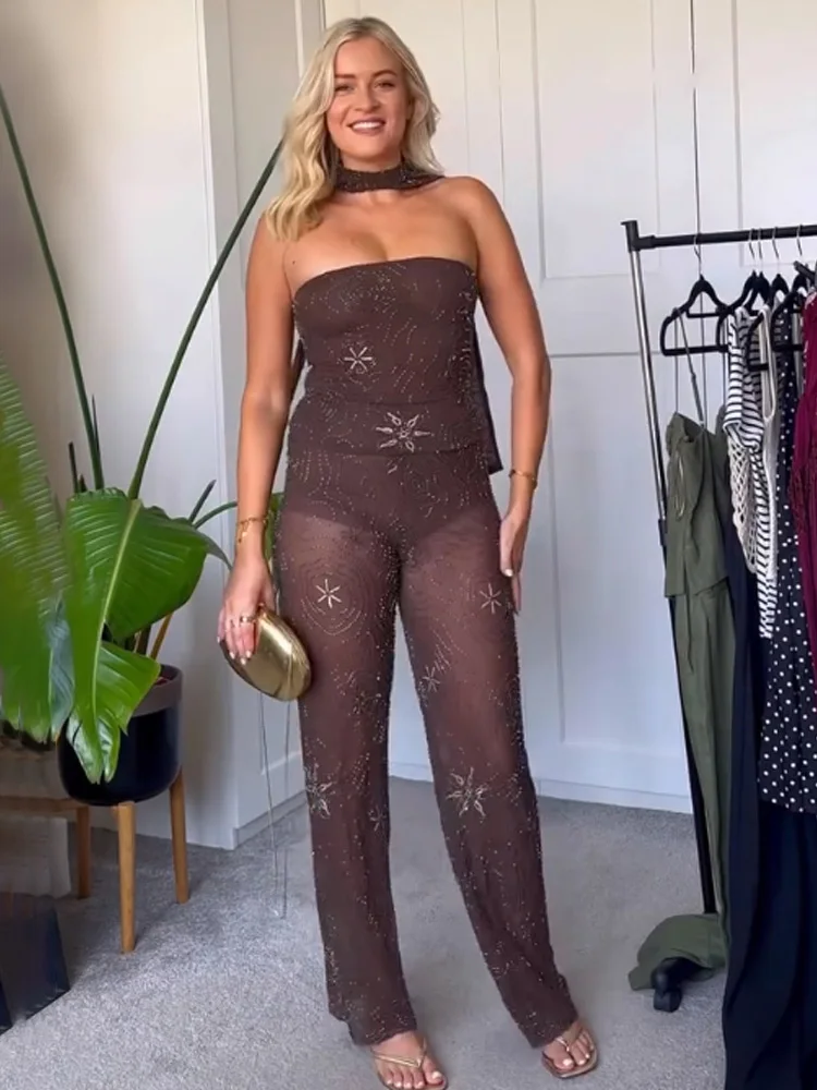 Damskie spodnie z przezroczystego tiulu z koralikami, o średnim stanie, eleganckie, z elastyczną talią, luźne, wyszczuplające, z szerokimi nogawkami.