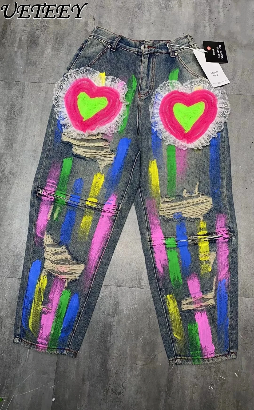 

Trendy Brand Heavy Industry Graffiti Denim Pants Sweet Flower Elastic High-waisted Jeans Loose Slim Zipper Ripped Trousers