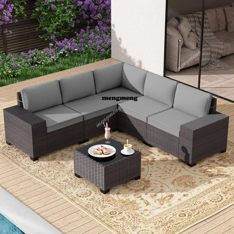 6 Pieces Patio Furniture Set with 1 Coffee Table, 5 Seater Rattan Outdoor Sectional with Wide Armrests 29.5'' High, Customized
