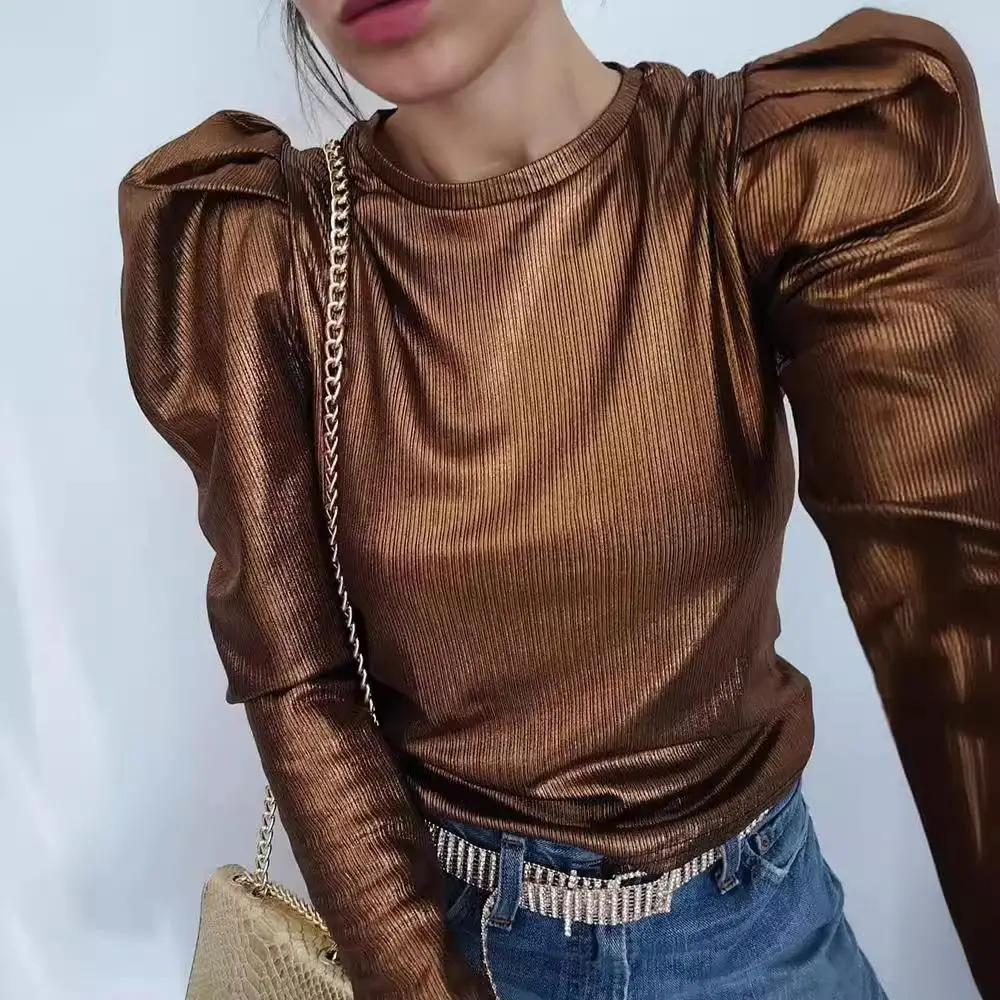 Camiseta feminina cor brilhante quatro cores slim fit poliéster longo Sve irt European Sle Faion Spring Season Regular Thi...