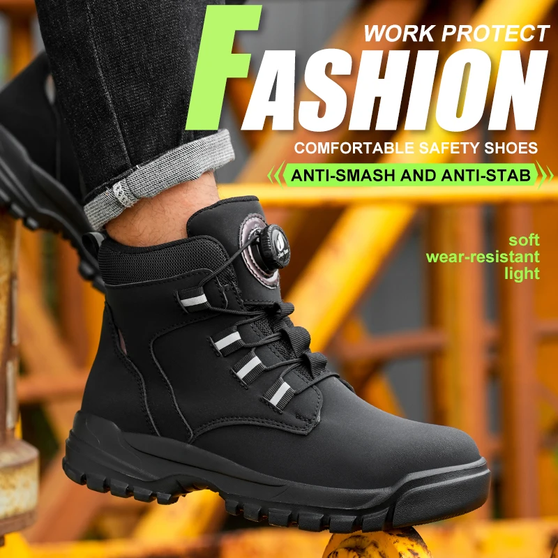 Rotating Button Puncture-proof Security Protective Shoes Lightweight Steel Toe Boots Waterproof Black Working Botas for Men
