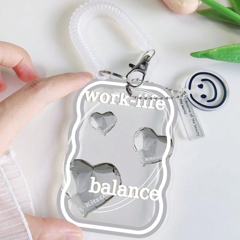 Transparent Card Holder with Wave Pattern and Lanyard Spring Keychain for Cool Boys Door Badge Holder Kpop Photocard Holder