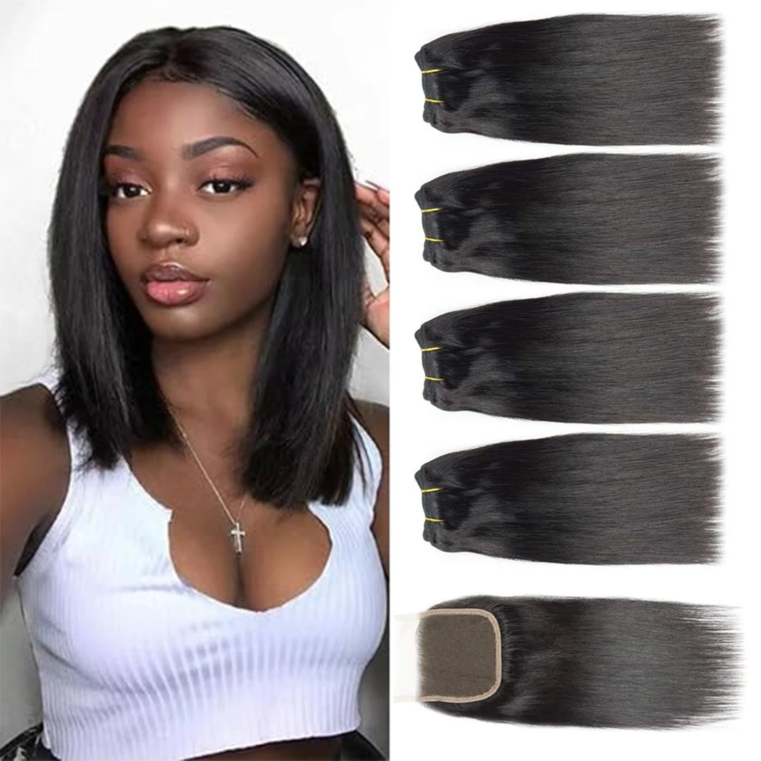 12A Peruvian Straight Bundles With Clossure 3 Bundles With Closure Unprocessed Virgin Short Bob Human Hair Bundles Extensions