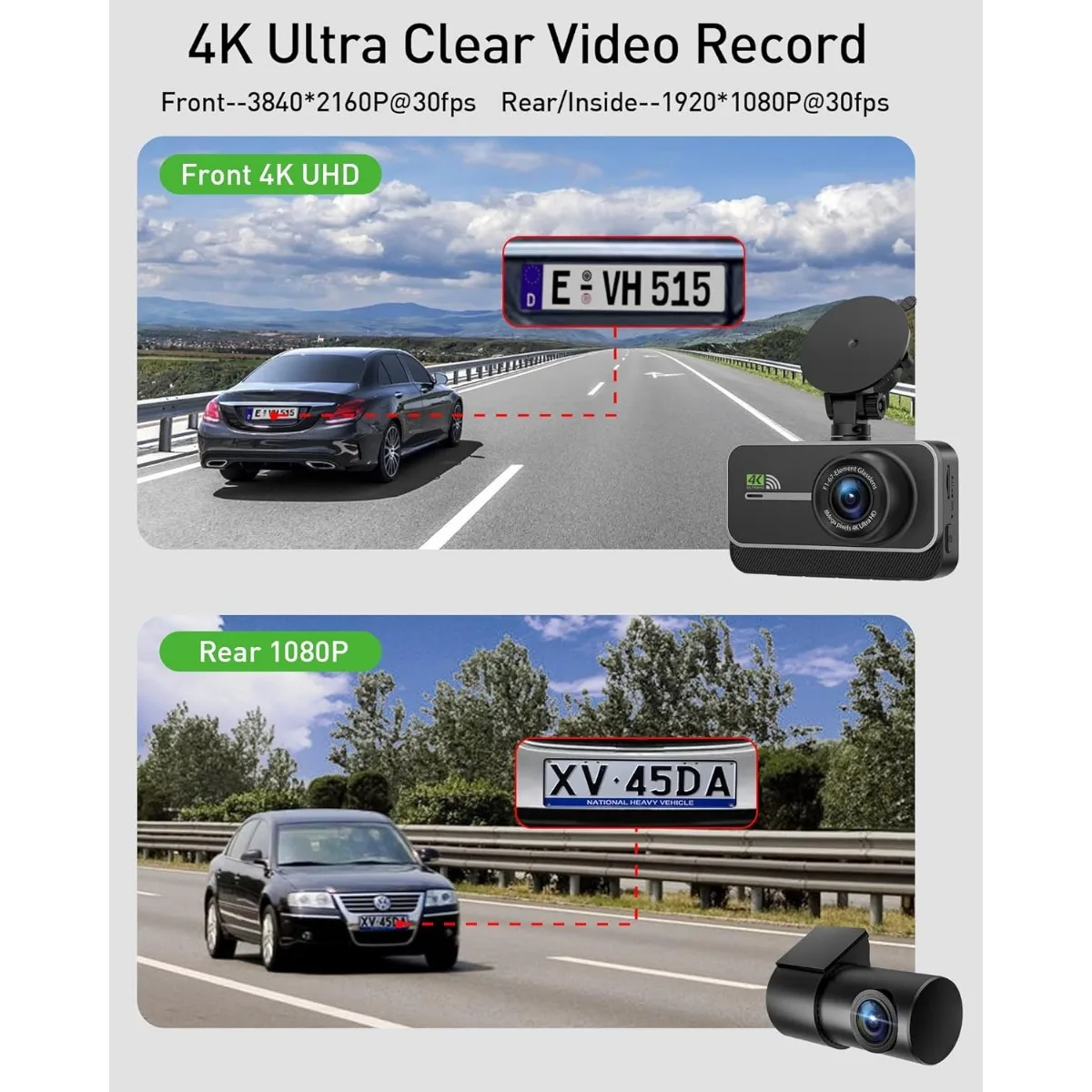 4K Dash Cam 2160P CAR DVR  4K WIFI Camera for Car UHD Front and Rear Camera for Vehicle Black Box