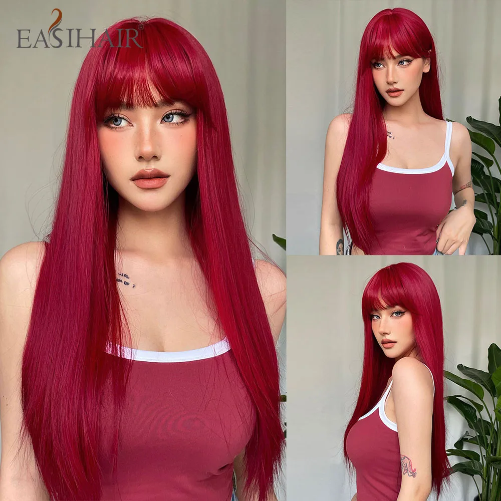 EASIHAIR Wine Red Long Straight Synthetic Wigs with Bangs Red Natural Hair Wig for Women Cosplay Christmas Wig Heat Resistant