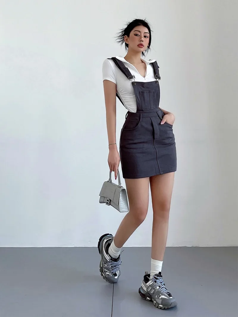 

American Adjustable Knitted Strap Mini Dress Denim Women Slim Strap Dresses High Waist Purple Sweet Summer
